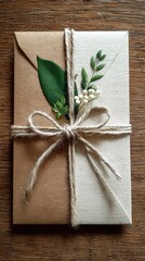 Gift envelope tied with twine and adorned with greenery