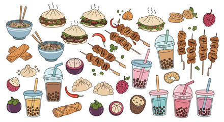Delicious Asian Street Food Doodle Vector Illustration