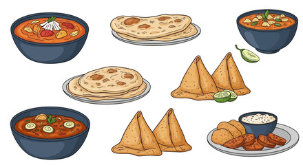 Delicious doodle vector assortment of diverse Indian culinary dishes and flavorful snacks