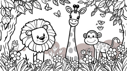 Happy Cartoon Lion, Giraffe, and Monkey Standing in a Dense Jungle with Foliage and Butterflies