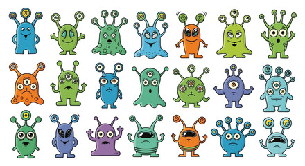 Obraz premium A doodle vector collection of colorful cartoon monsters and funny aliens on a white background