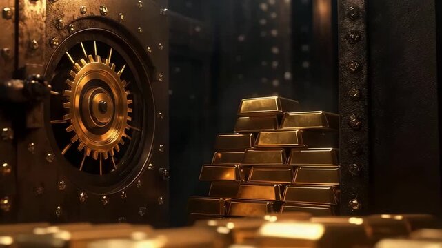 Luxurious golden vault with massive circular door, piles of gold bars, and glowing light, symbolizing wealth, security, and financial power.