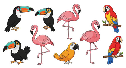 A cute cartoon doodle collection of exotic jungle birds like toucans, flamingos, and parrots