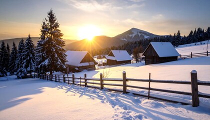 Winter sunset over snowy village