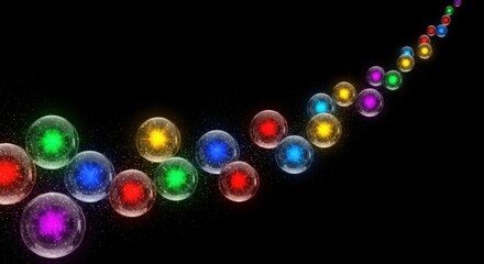 A trail of glowing colorful orbs on a black background creates a magical effect