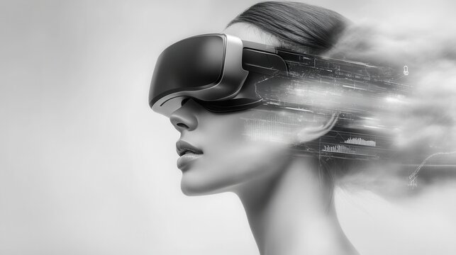 Young woman with VR headset in digital data overlay at studio - Powered by Adobe
