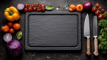 Dark stone cutting board with assorted fresh vegetables and knives.