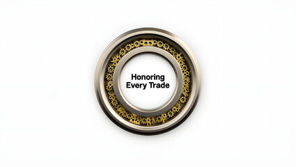 Metal bearing with intricate gears and text Honoring Every Trade on white background mechanical engineering
