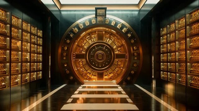 Massive gold vault interior with secure locking mechanism and stacks of shiny bars, representing financial strength and luxury storage.