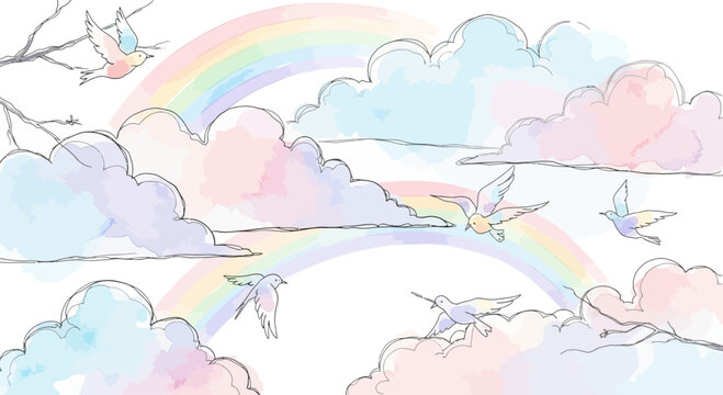 A dreamy watercolor illustration of pastel clouds, gentle rainbows, and birds in a whimsical sky