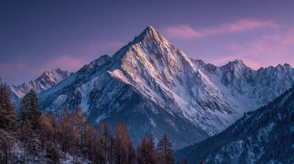 Majestic snow-capped peak at sunset, with dark trees below