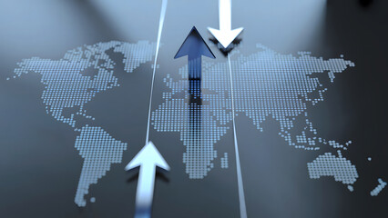Dynamic financial growth arrows ascend over pixelated world map indicating global market trends and investment opportunities