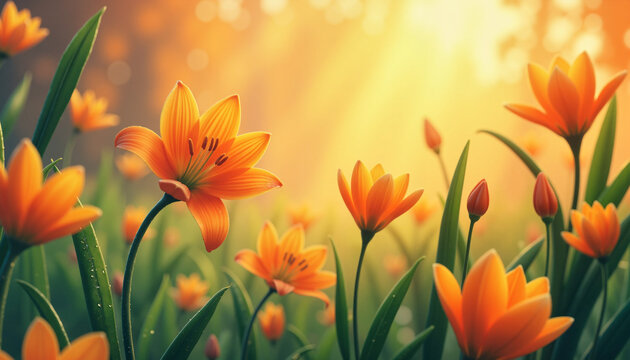 Vibrant orange lilies blooming in garden at sunrise, Easter symbolism