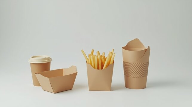 Takeout containers—box, tray, cup, and lidded shapes—highlight modern food packaging design for convenience and portability. AI generated.