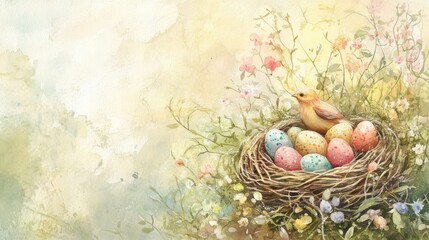 Colorful bird sitting on nest with speckled eggs in garden