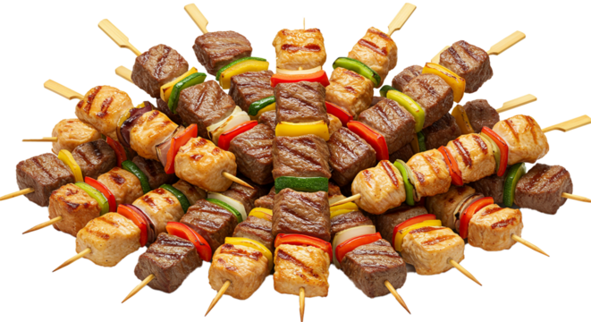 A vibrant and mouth-watering display of various grilled meat and vegetable skewers, ideal for any culinary occasion.