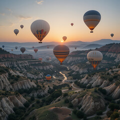Hot Air Balloons Floating Over Cappadocia Valleys at Sunrise