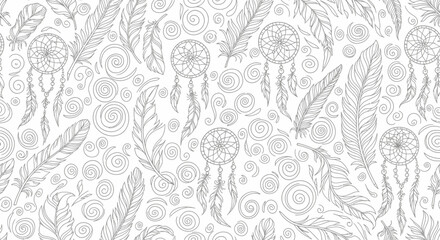 Fototapeta premium Elegant Bohemian Pattern with Intricate Hand-Drawn Feathers, Dreamcatchers, and Swirling Spirals