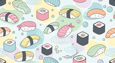 A seamless vector pattern of cute pastel sushi pieces floating with abstract bubbles and water ripples.