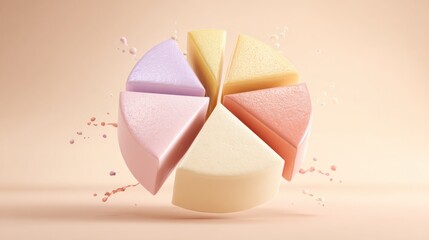 Pie chart with colorful segments and liquid droplets on a soft pastel background