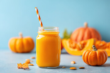 Fototapeta na wymiar Bright orange pumpkin smoothie in a jar surrounded by autumn decorations and pumpkins