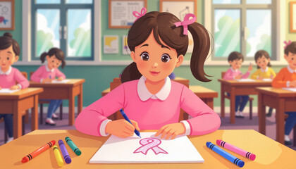 Child drawing pink ribbon in classroom, promoting Breast Cancer Awareness