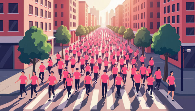 Group walkathon in pink shirts on city streets, Breast Cancer Awareness