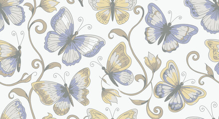 Seamless watercolor doodle pattern of whimsical butterflies and curling flower petals