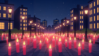 Candle vigil with pink candles illuminating urban plaza at night, remembrance