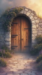 Fototapeta premium Mysterious wooden door in a serene garden archway