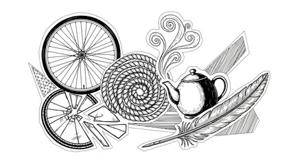Artistic Collage Bicycle Wheel, Teapot, Feather Quill, and Coiled Rope in Black and White