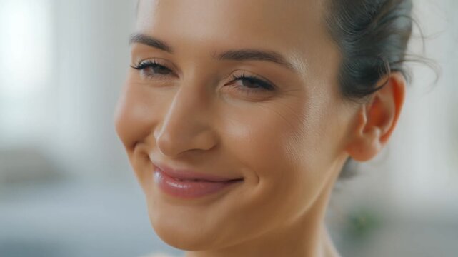 Professional beauty portrait featuring radiant young woman displaying diverse facial expressions, showcasing natural confidence and emotional range through seamless montage sequence