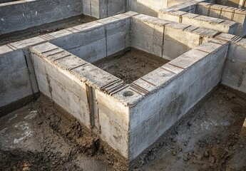 Grey concrete foundation walls in a construction site.