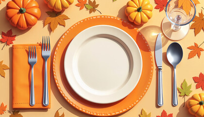 Autumn-themed table setting with pumpkins and leaves, festive ambiance