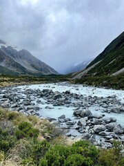 Stunning alpine river flowing through a rocky valley with glacier-fed waters, surrounded by rugged mountain slopes and wild vegetation under a dramatic cloudy sky. Pure untouched nature.