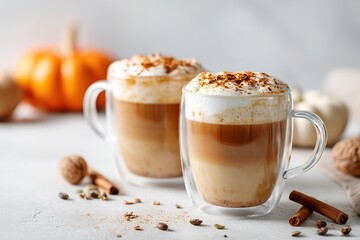 Obraz premium Warm spiced pumpkin beverages served in clear glass cups for autumn enjoyment