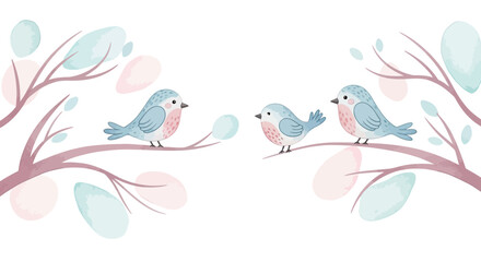 Whimsical Watercolor Illustration Pastel Birds on Branches, a Charming Springtime Design