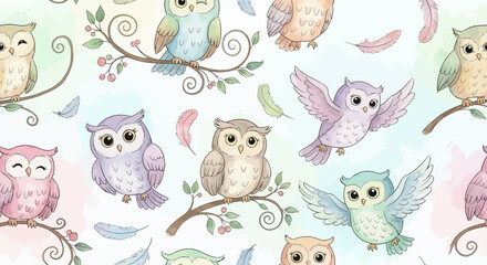 Whimsical Pastel Owls Watercolor Pattern