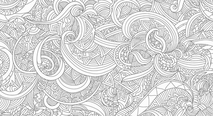 Intricate hand-drawn doodle pattern with abstract flowing waves, swirls, and geometric shapes