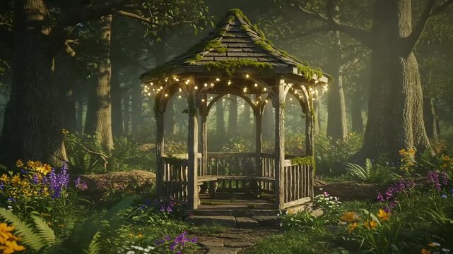 Serene garden gazebo surrounded by vibrant flowers