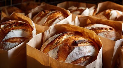 Freshly baked loaves of bread in brown paper bags.