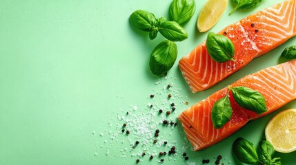 Fresh salmon fillets with herbs and spices on a mint green surface.