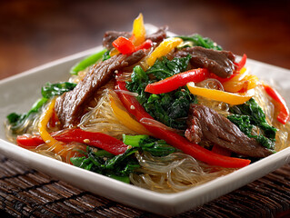 With Ser Beef And Japchae Korean Vegetables Noodles Glass