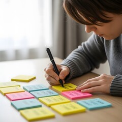 Fototapeta premium A young person writes on a yellow sticky note surrounded by other colorful notes on a light wooden surface, focused on planning or brainstorming.