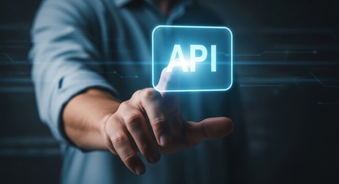Businessman touching a glowing virtual API interface button for software integration concept.
