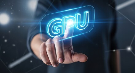 Fototapeta premium Human hand touching a glowing holographic GPU icon on a futuristic digital interface concept