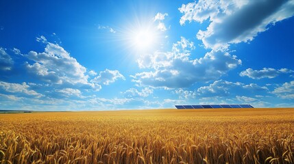 Solar Panels in Golden Wheat Field Under a Bright Blue Sky with Clouds