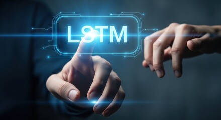 Person's hand pointing at a glowing LSTM icon on a virtual interface for machine learning