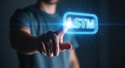 Hand Interacting with Glowing LSTM Hologram, Futuristic Technology Concept