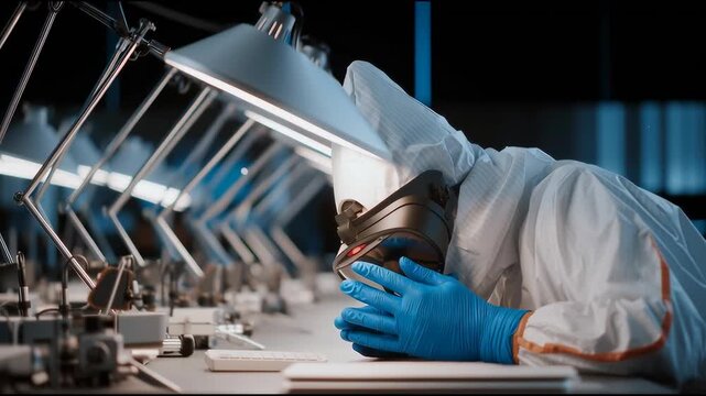 Scientist in protective gear working with advanced spectrometry equipment, biotech drug analysis, realistic lighting
